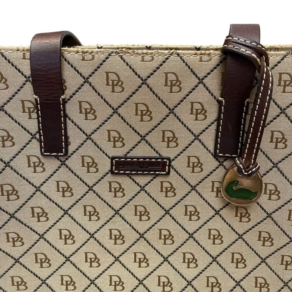 Numbered Dooney & Bourke Beige Logo Tote Bag With Brown Leather Straps and Trim - Picture 5 of 13